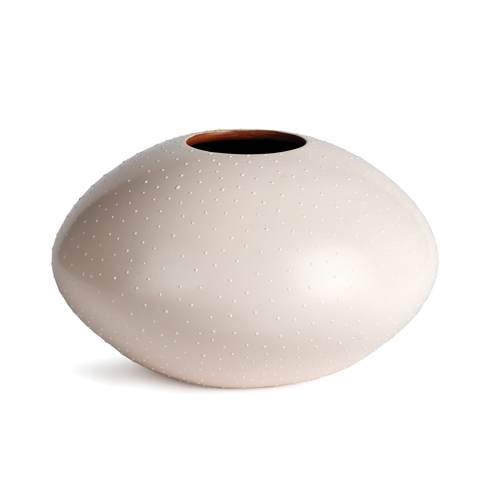 Front view of off-white ceramic vase with wide base and terracotta rim, ideal for shelf or console styling – Modern Organic

