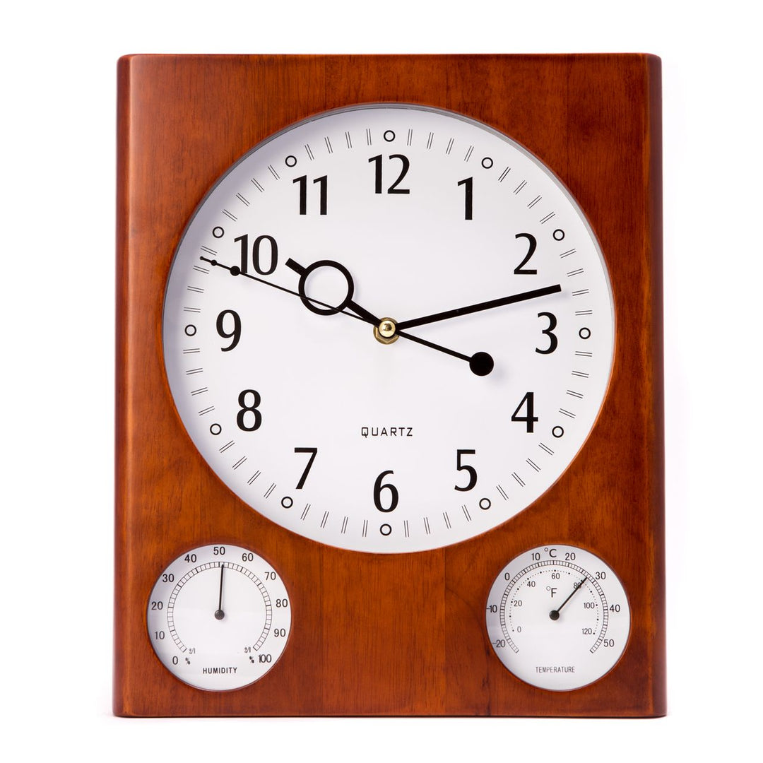 Cherry finish wood wall clock with quartz face thermometer and hygrometer shown front view for home office Mid-Century Traditional style
