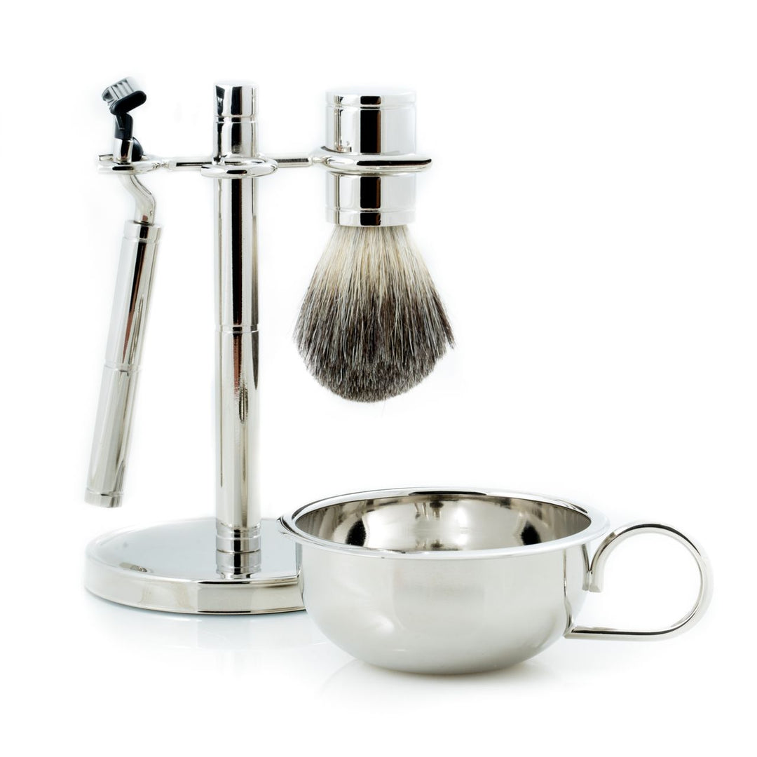 Chrome razor and pure badger brush 4-piece shave set with bowl and stand, Mach3-compatible and designed for men’s daily grooming.