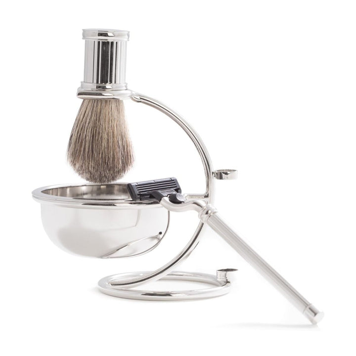 Chrome razor and pure badger brush four-piece shave set with bowl and stand, Mach3-compatible, designed for men’s daily grooming.