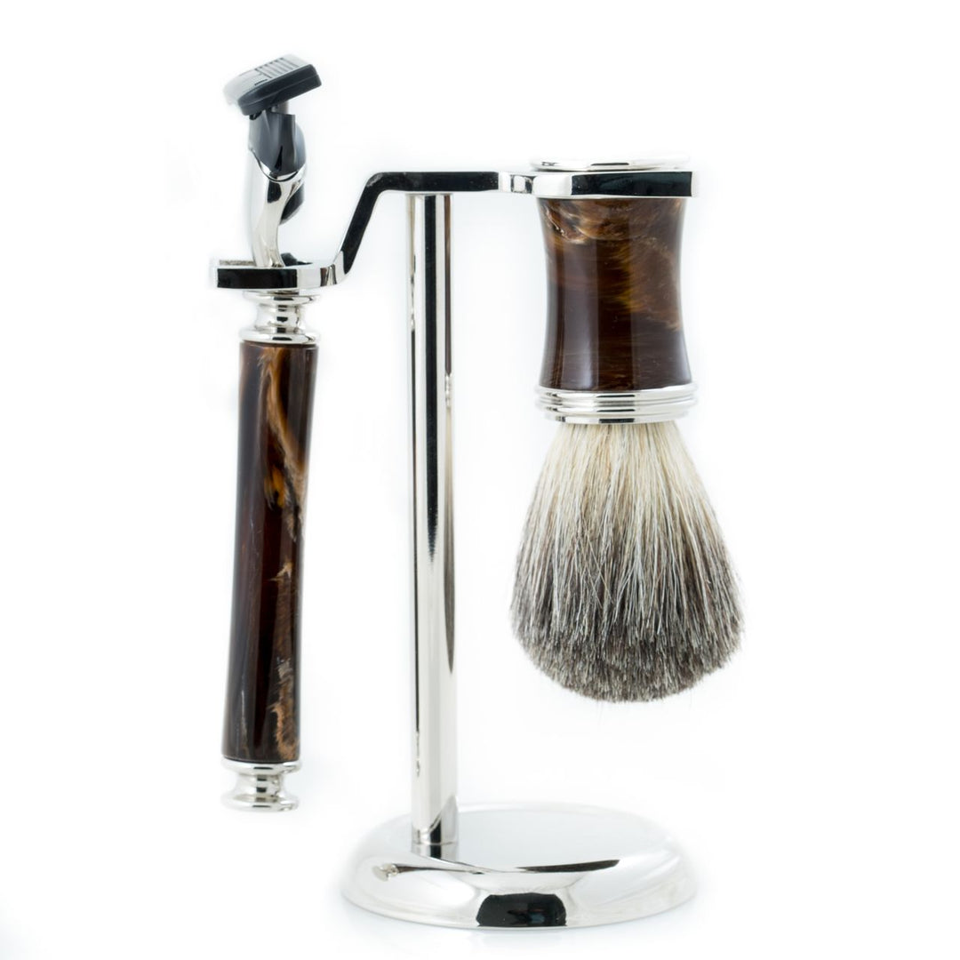 Chrome razor and pure badger brush three-piece shaving set with brown enamel handles and chrome stand, compatible with Fusion blades.