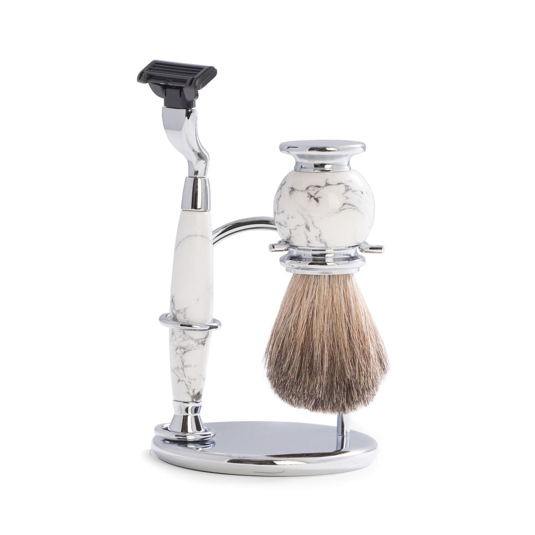 Chrome razor and pure badger brush on a weighted white stone stand; includes one Mach3-compatible blade – Transitional style.