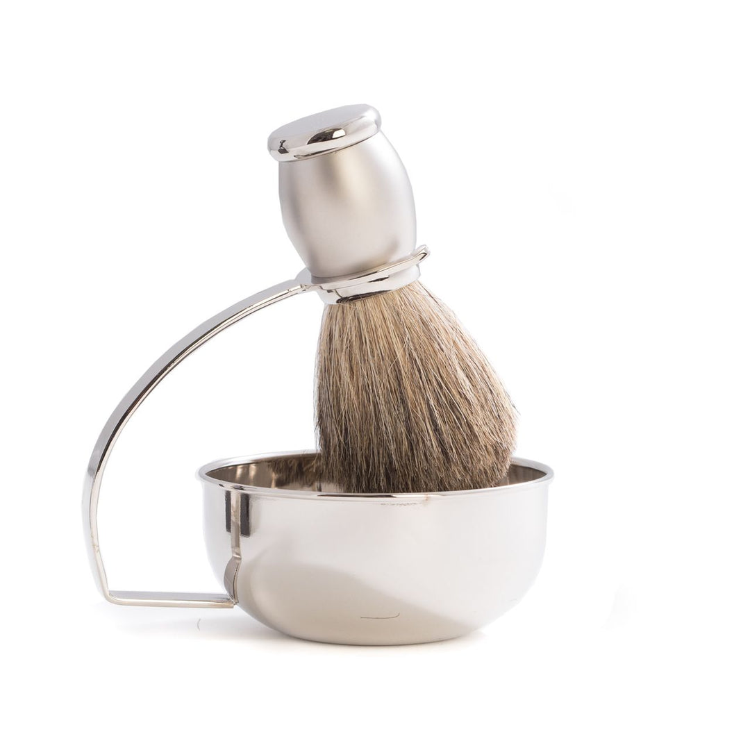 Chrome soap dish and pure badger brush two-piece shaving set with satin finish, tarnish-resistant metal for men’s daily grooming.