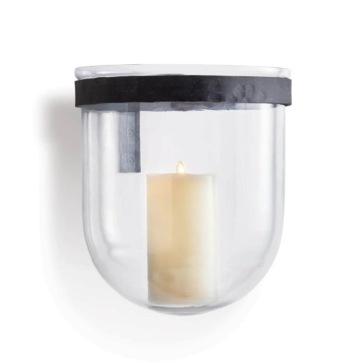 Clear glass wall candle holder with aged zinc iron band and LED pillar candle, shown in full front view in Modern Organic