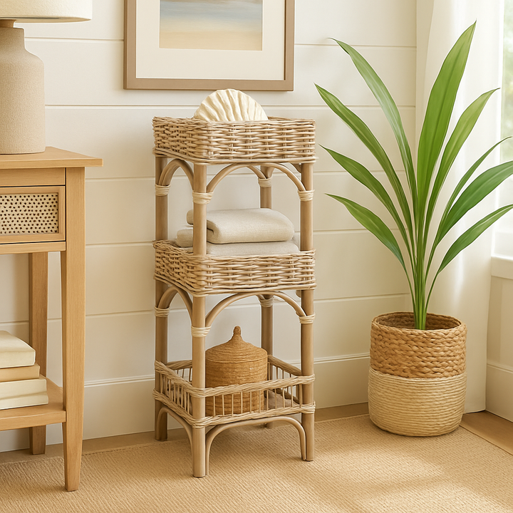 Coastal boho three-tier wicker shelf styled with folded towels and natural decor in a sunlit room, showcasing its tall frame and soft rattan finish.