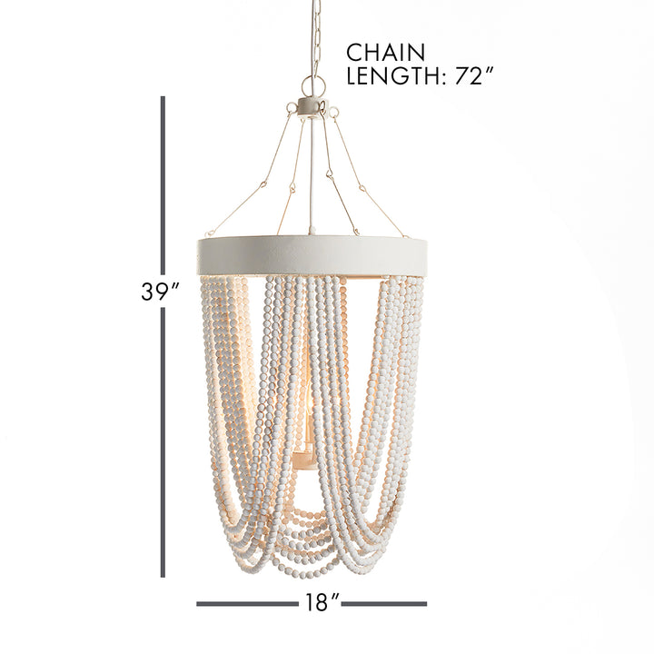 White beaded pendant chandelier with scale diagram showing 39 inch height, 18 inch diameter, and 72 inch chain length – Coastal Boho