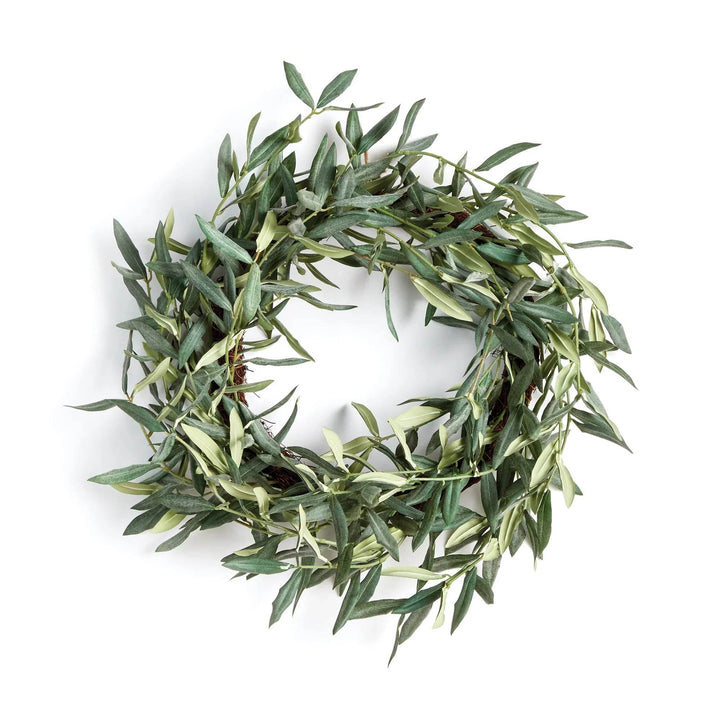22" coastal farmhouse olive wreath with realistic green leaves, styled on white background

