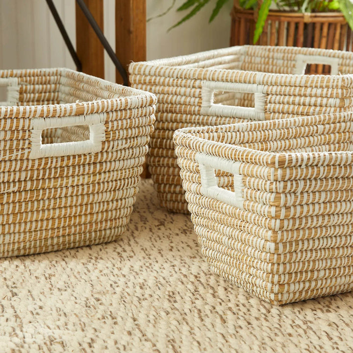 Two woven storage baskets styled in a living space with plants and a console table, blending natural texture and function.
