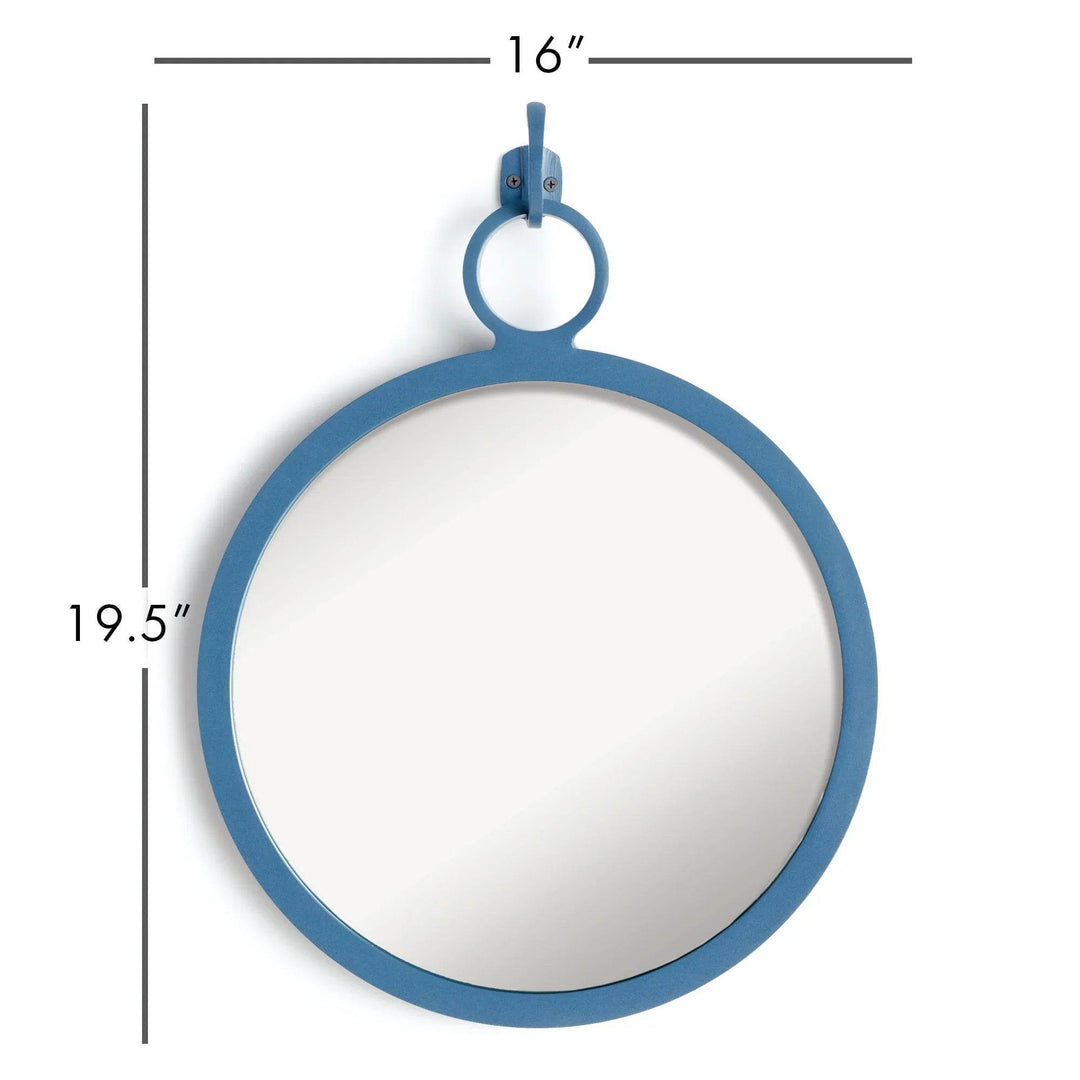 Round blue wall mirror with measurements—minimalist coastal accent piece ideal for small entryways or hall spaces