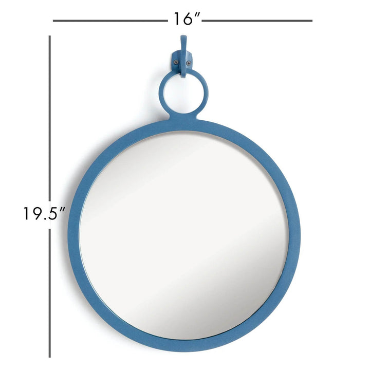 Round blue wall mirror with measurements—minimalist coastal accent piece ideal for small entryways or hall spaces