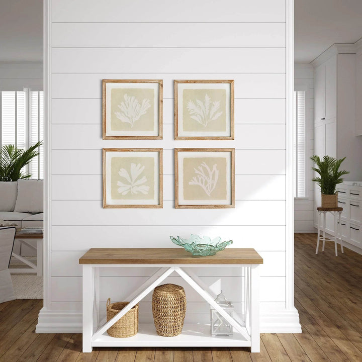 Framed seaweed prints styled in coastal entryway above white and wood bench on shiplap wall – Coastal Cottage


