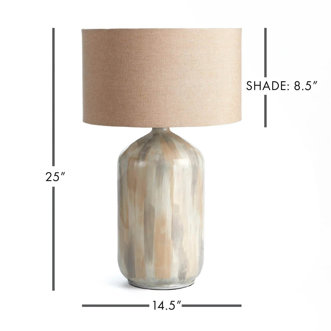 Dimensional view of neutral coastal table lamp showing 25 inch height and 14.5 inch width with 8.5 inch linen shade depth.


