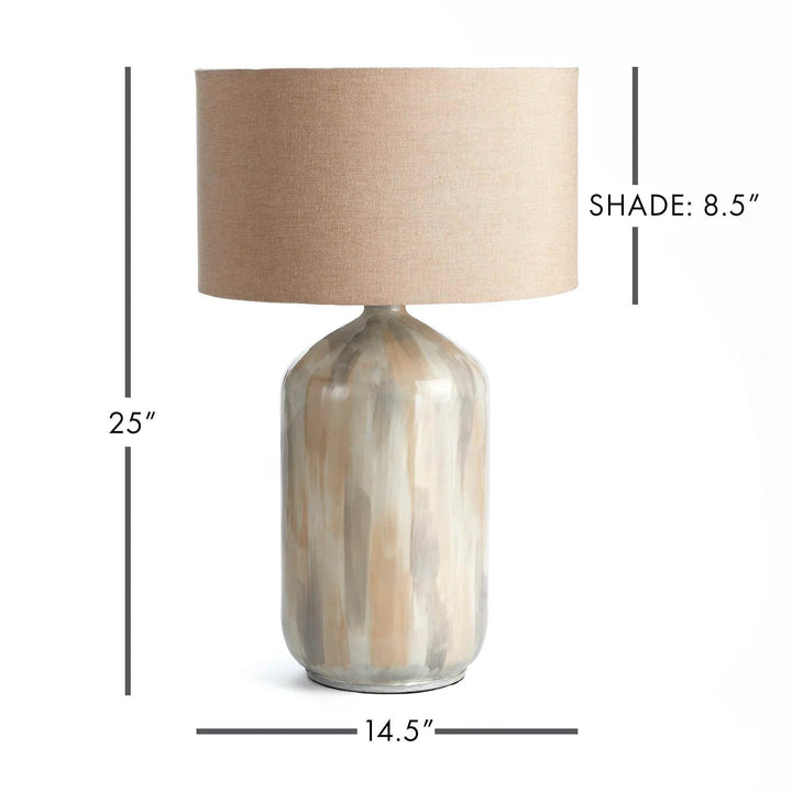 Dimensional view of neutral coastal table lamp showing 25 inch height and 14.5 inch width with 8.5 inch linen shade depth.

