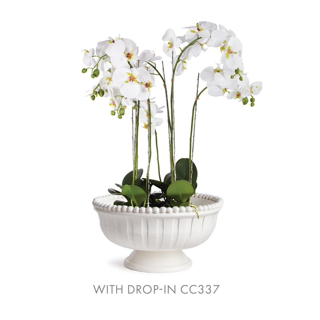 White ceramic bowl styled with faux orchid drop-in CC337 for elevated transitional display