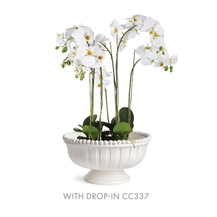 White ceramic bowl styled with faux orchid drop-in CC337 for elevated transitional display
