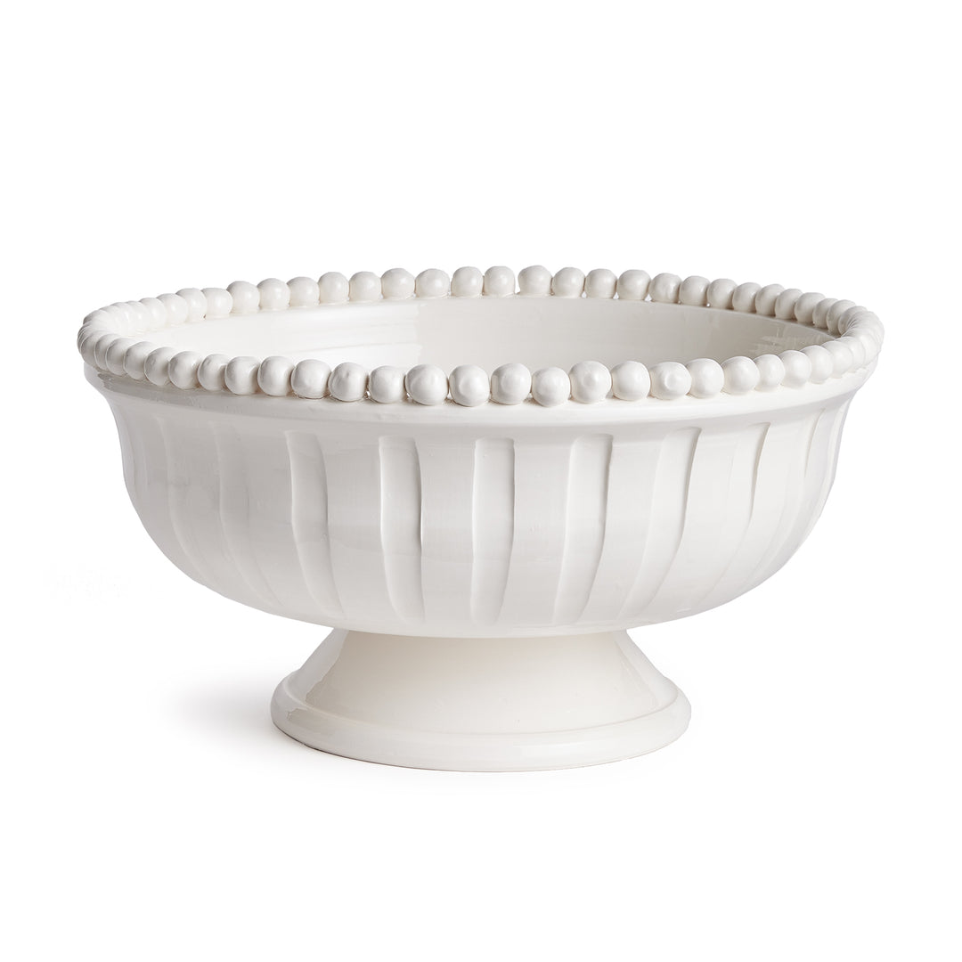 Coastal transitional white ceramic footed bowl with beaded rim shown on clean white background

