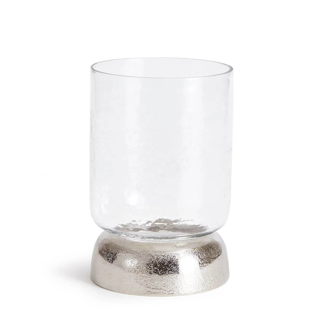 Front view of 8.5" glass hurricane candle holder with silver base and vertical form – Transitional Modern

