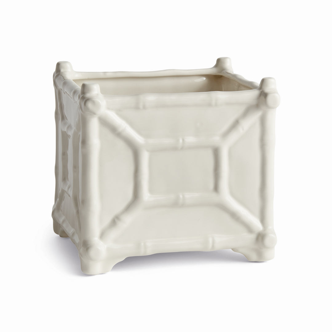 Large white square ceramic cachepot with raised bamboo-inspired decoration, shown unfilled on a white backdrop | Traditional