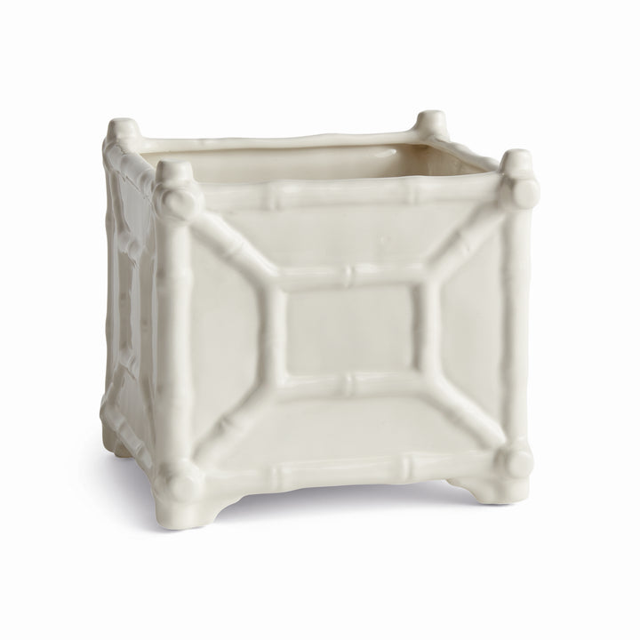 Large white square ceramic cachepot with raised bamboo-inspired decoration, shown unfilled on a white backdrop | Traditional