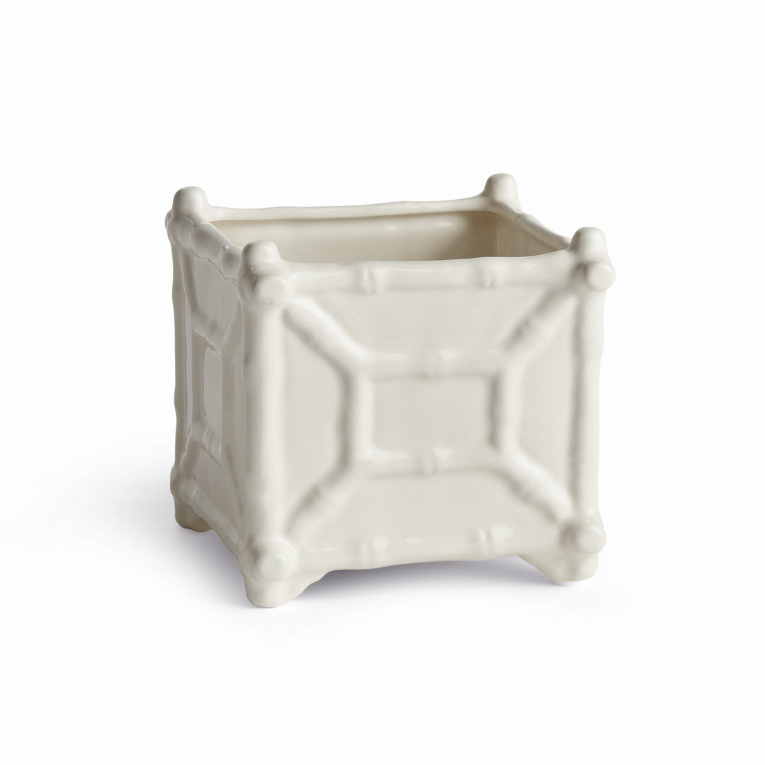 Small white square ceramic cachepot with raised bamboo-inspired detail, shown unfilled on a white background | Traditional
