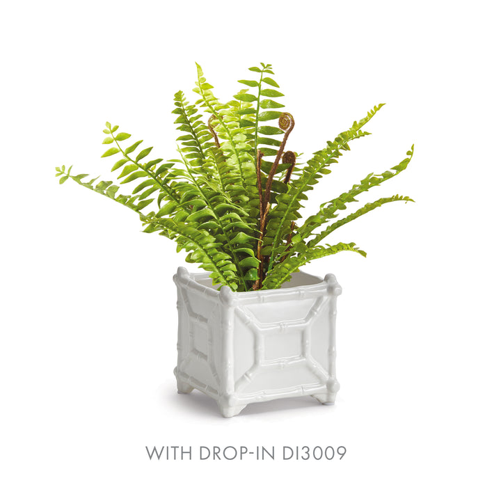 Small white square ceramic cachepot holding an upright faux fern, with bright green fronds above its open rim | Traditional