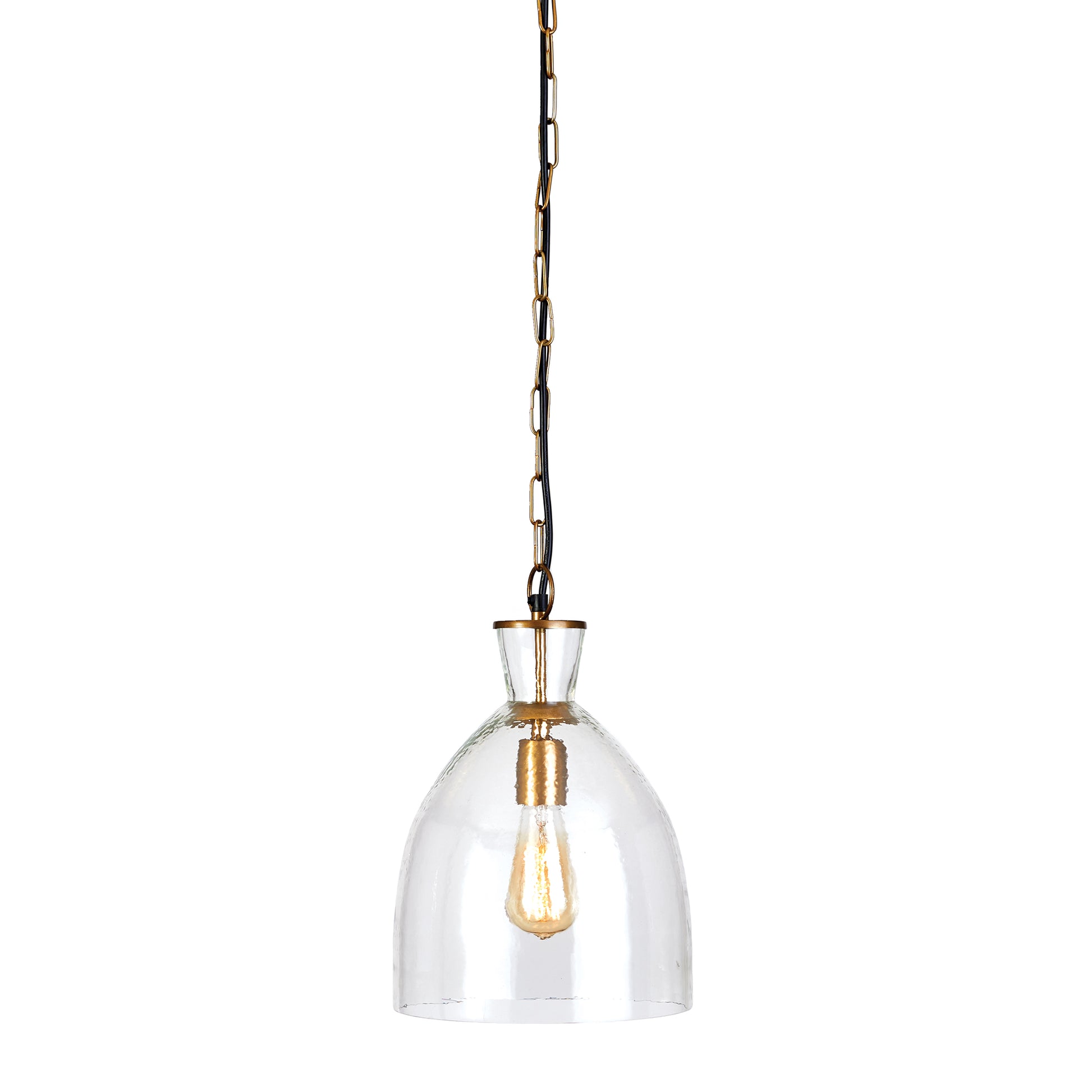 In a classic mix of warm brass and seeded glass, the Belle pendant is a traditional fixture. Over an island, in an entry or foyer, a solid choice.