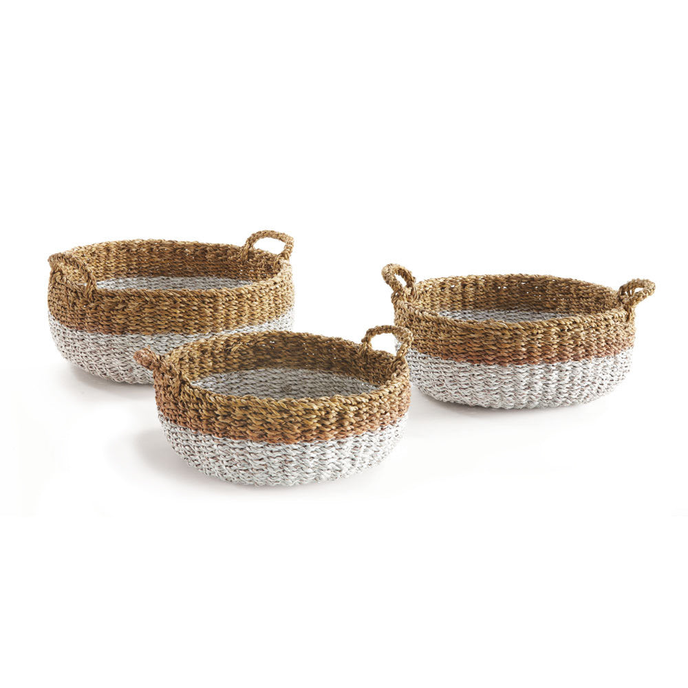 Seagrass Shallow Natural & White Baskets With Handles, Set Of 3