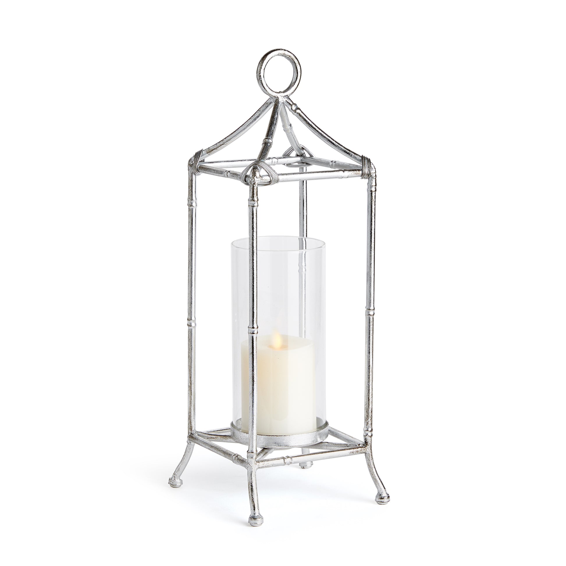 A contemporary take on chinoiserie style, this lantern is smooth and refined, it is scaled to work well in the smaller space. The antique silver finish and sleek glass cylinder add a sense of light and reflection.