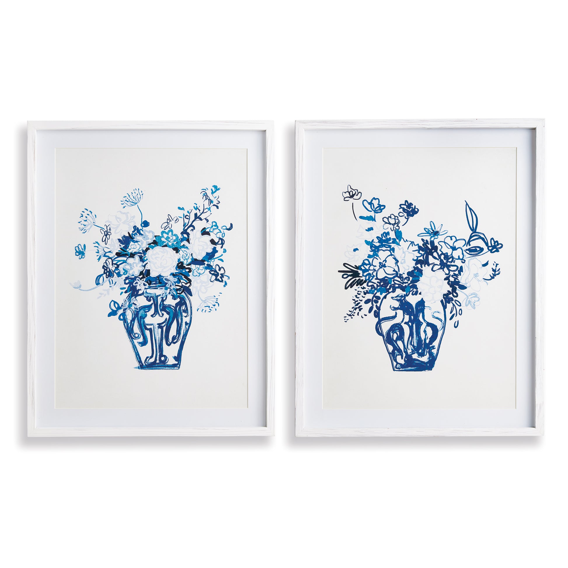 This monochromatic whimsical pair of floral arrangements are a sweet duo. Finished off with a crisp white mat and white pine frames, they are a great choice for bedroom, study or guest bath.