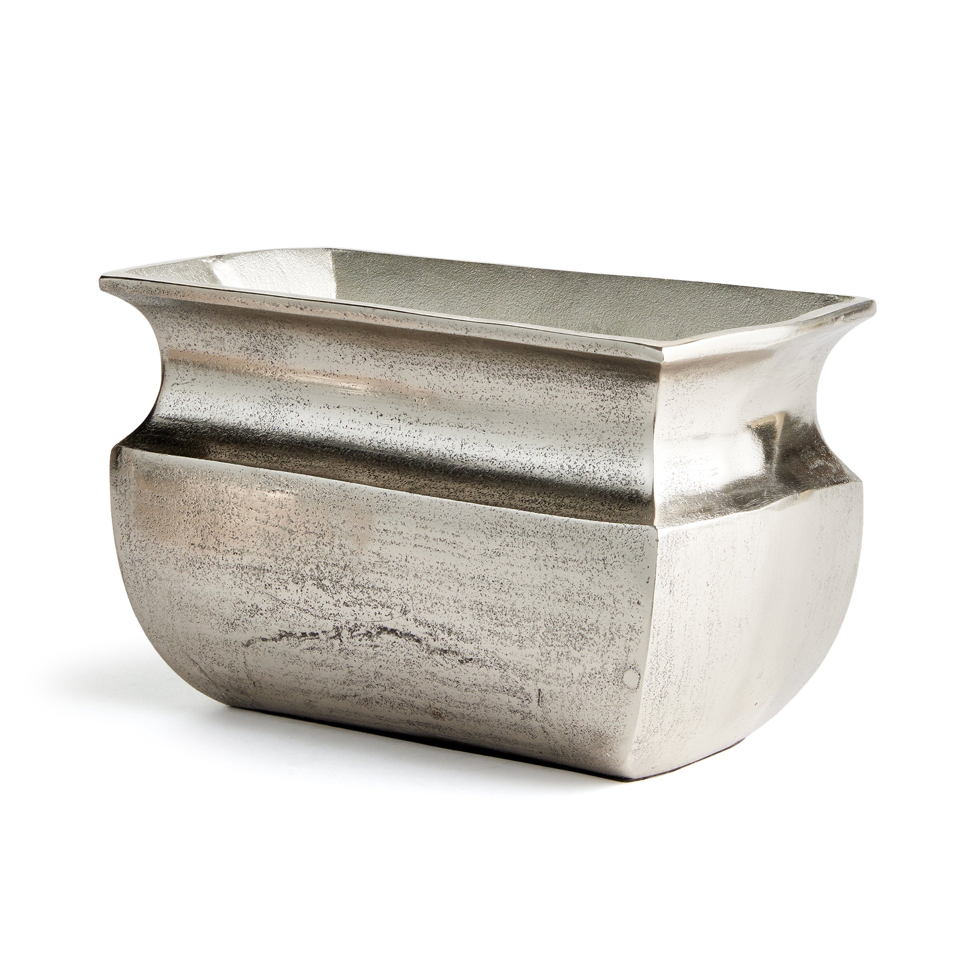 Made of cast aluminum, and finished in a deep antique silver, this rectangular shaped vase is an update on an old classic. Add in your favorite faux fern or floral for a polished, well-styled, versatile look.