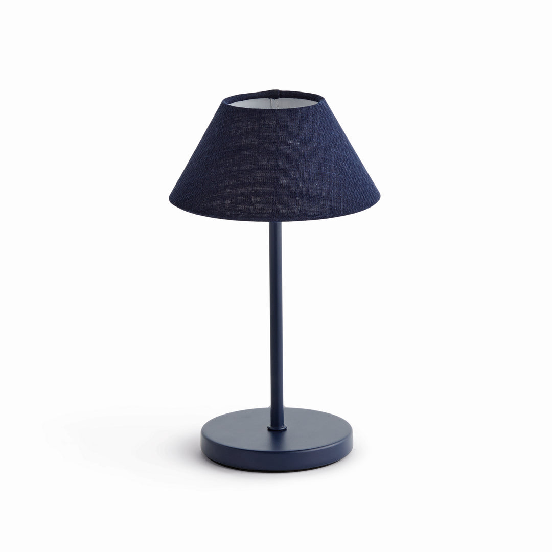 Dark blue cordless LED table lamp with linen empire shade, rechargeable battery, and touch dimming controls, 10 inch size – Coastal Transitional