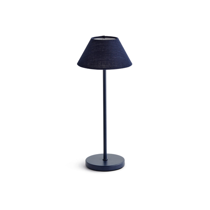 Dark blue cordless LED table lamp with linen empire shade, rechargeable battery, and touch dimming controls, 14 inch size – Coastal Transitional