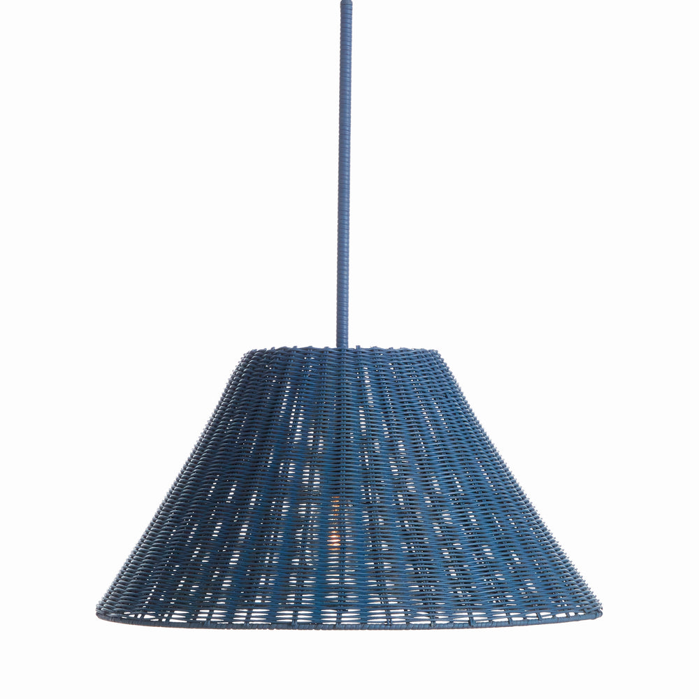 Angled view of dark blue rattan pendant light highlighting tapered form, woven texture, and hanging cord detail – Coastal