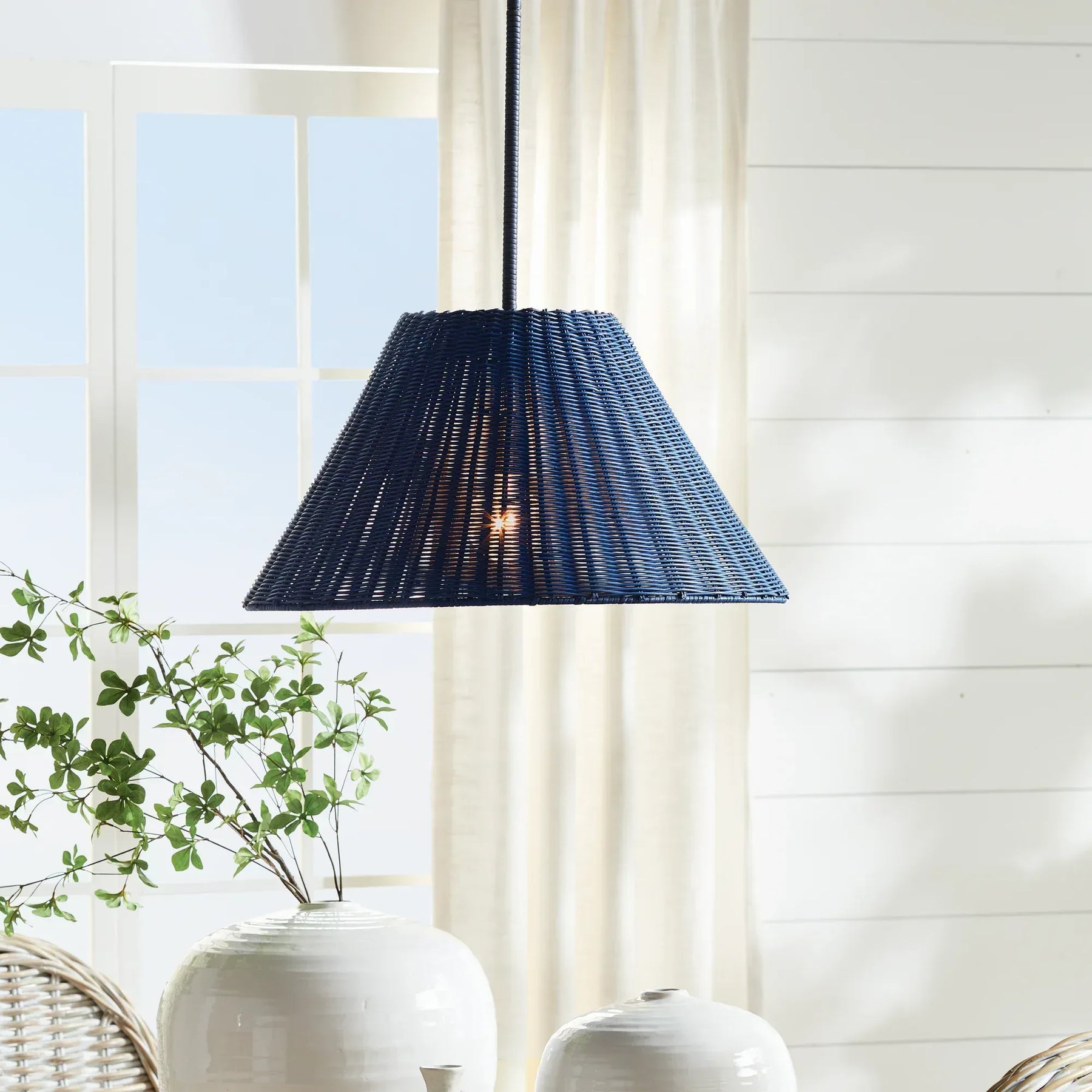 Blue Rattan Net Dark Blue Rattan Pendant Light with Tapered Woven Shade – Delamere Design