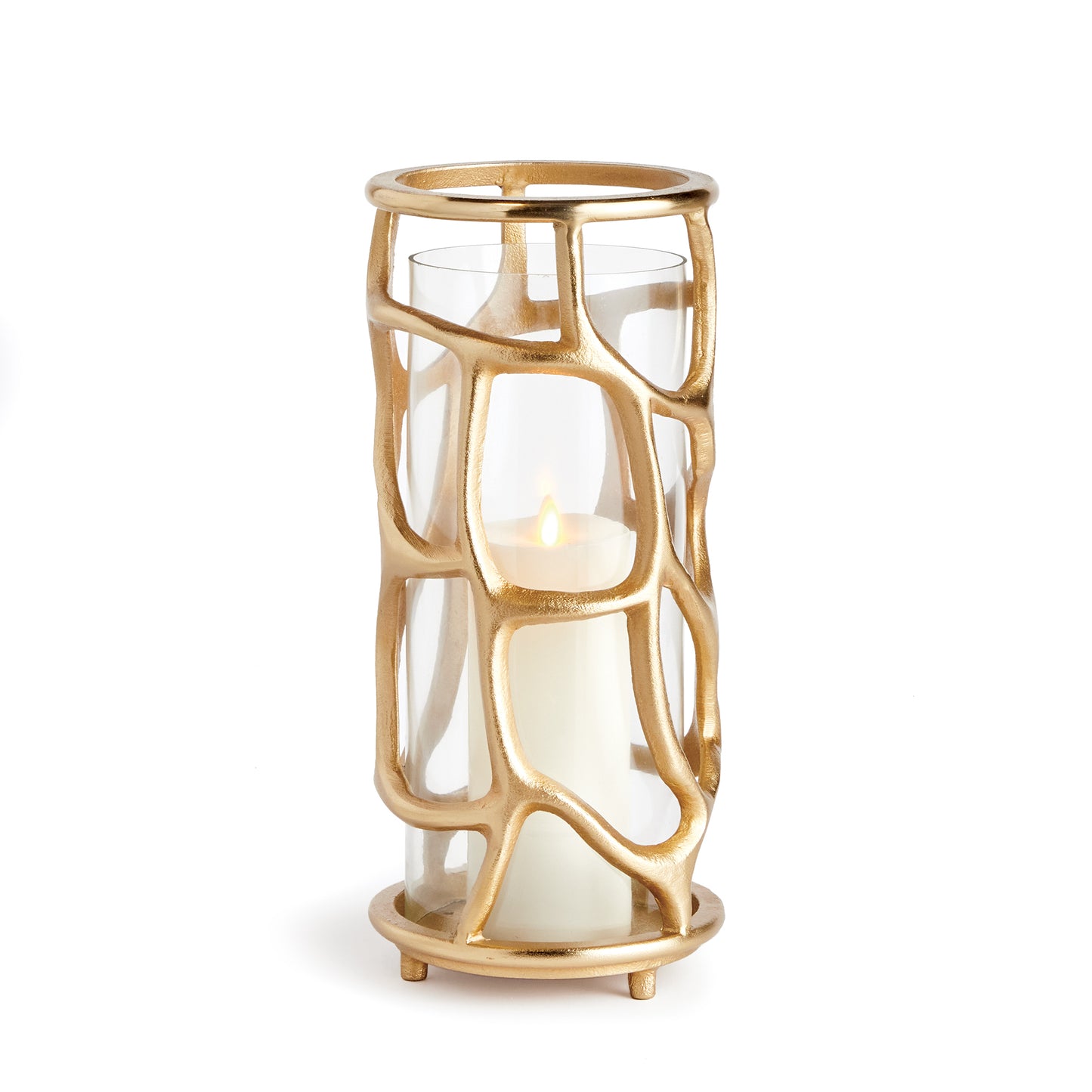 With a hand-sculpted meandering design, you'd never guess this artisan hurricane is made of a sturdy cast aluminum. With a matte gold finish and glass cylinder, it is sure to dress up any modern space.