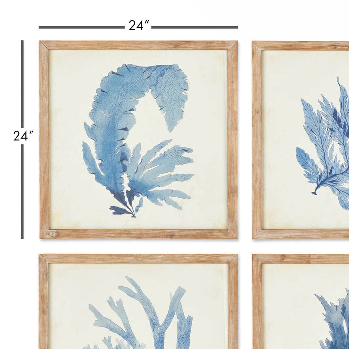 These coral prints offer a unique blend of elegance and scale, perfect for a coastal, upscale aesthetic. The soft, watercolor design and whitewashed frames suit both home and office settings. Experience sophistication and coastal charm in your space with these exquisite coral prints. The delicate watercolor design and natural wood frames elevate any room, making them versatile additions to any home or office.