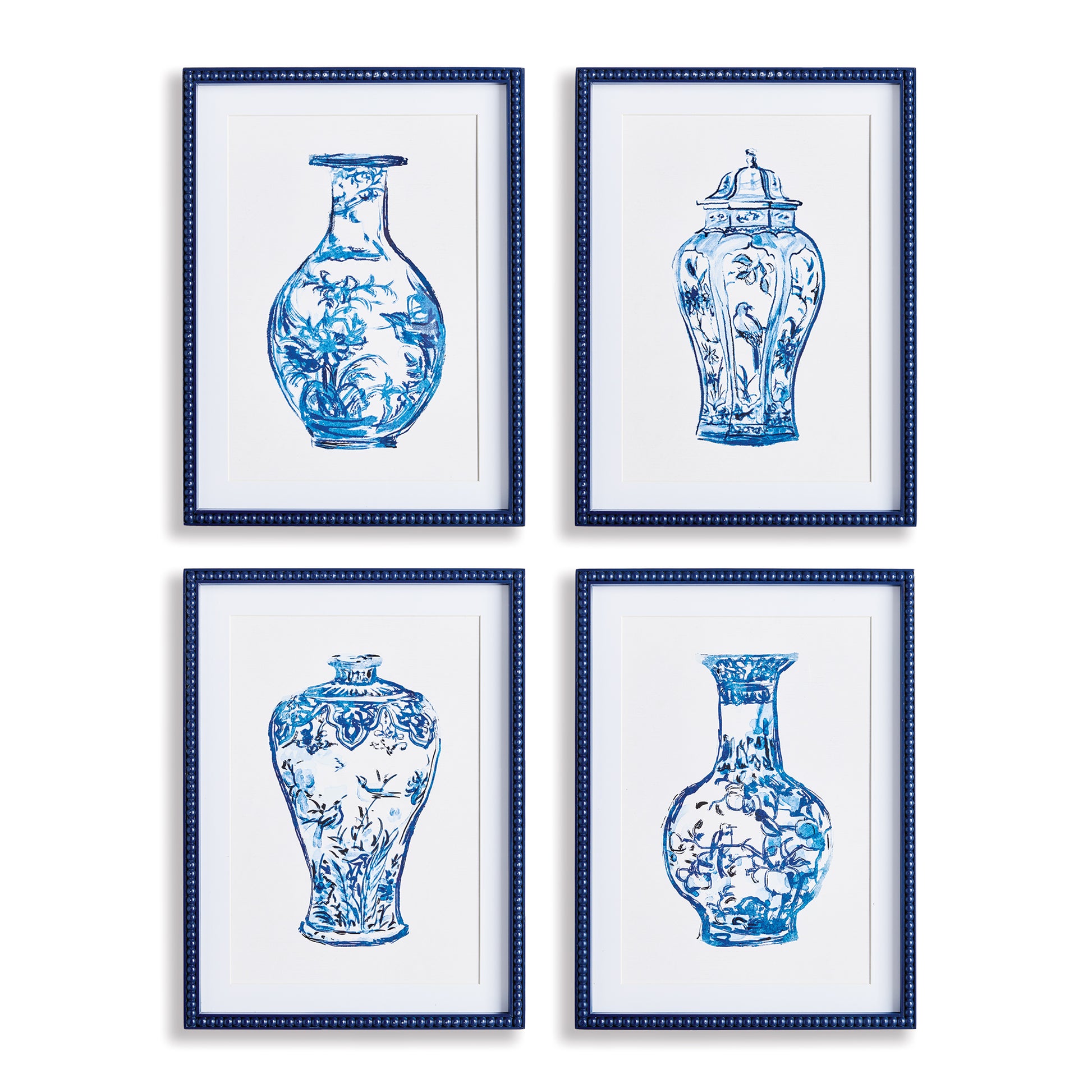 These sweet little chinoiserie ginger jar prints are a versatile set. The simple shape and artistry of traditional patterns are a delight. Tuck them into a bookshelf wall, in a kitchen nook or study. Finished off nicely with a rich blue beaded wood frame.