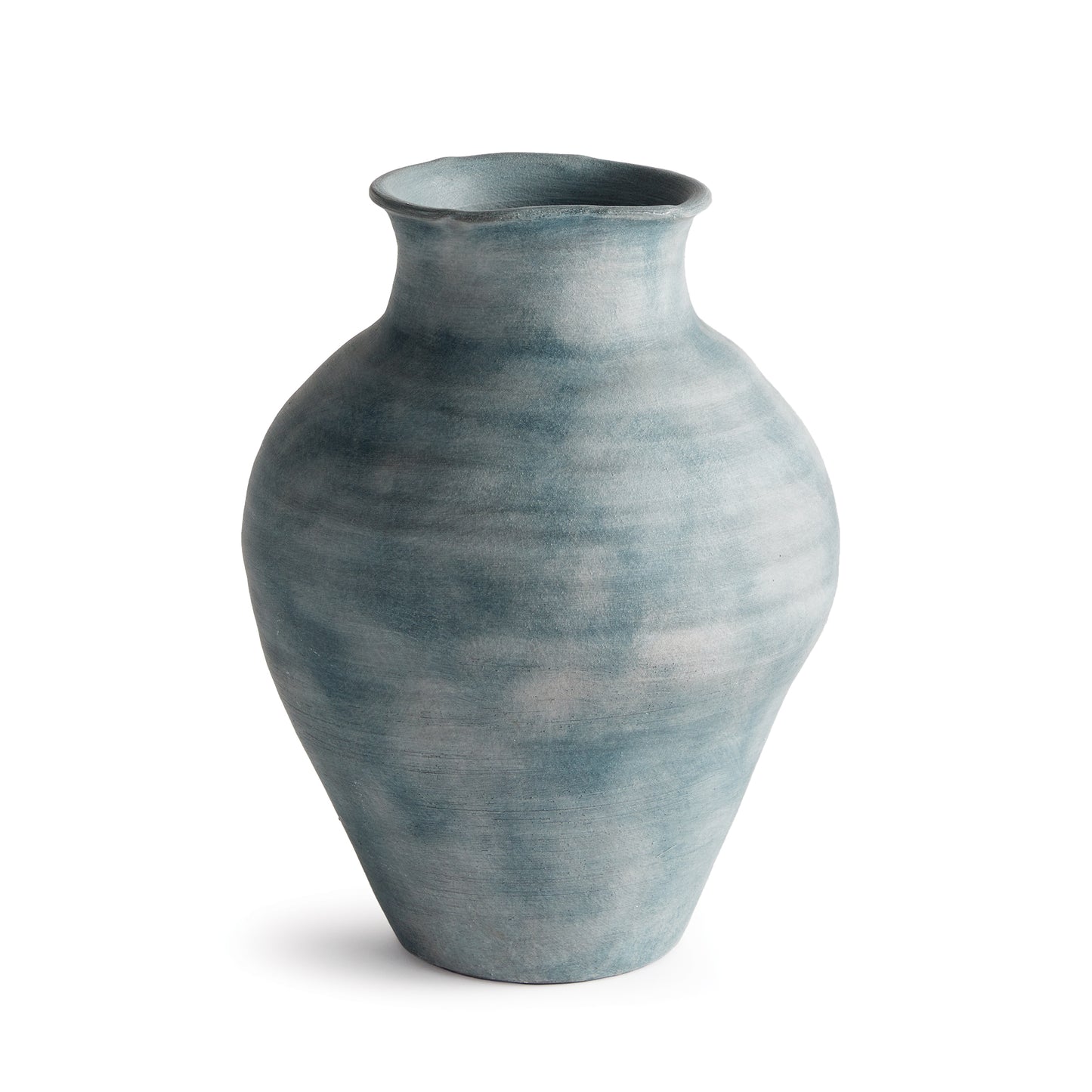 Hand thrown and perfectly imperfect, this terracotta vase brings the character. With subtle horizontal ribbing that shows through the gray-blue uneven matte glaze, It makes a lovely accent tucked in a bookshelf, or featured on a mantle or console.