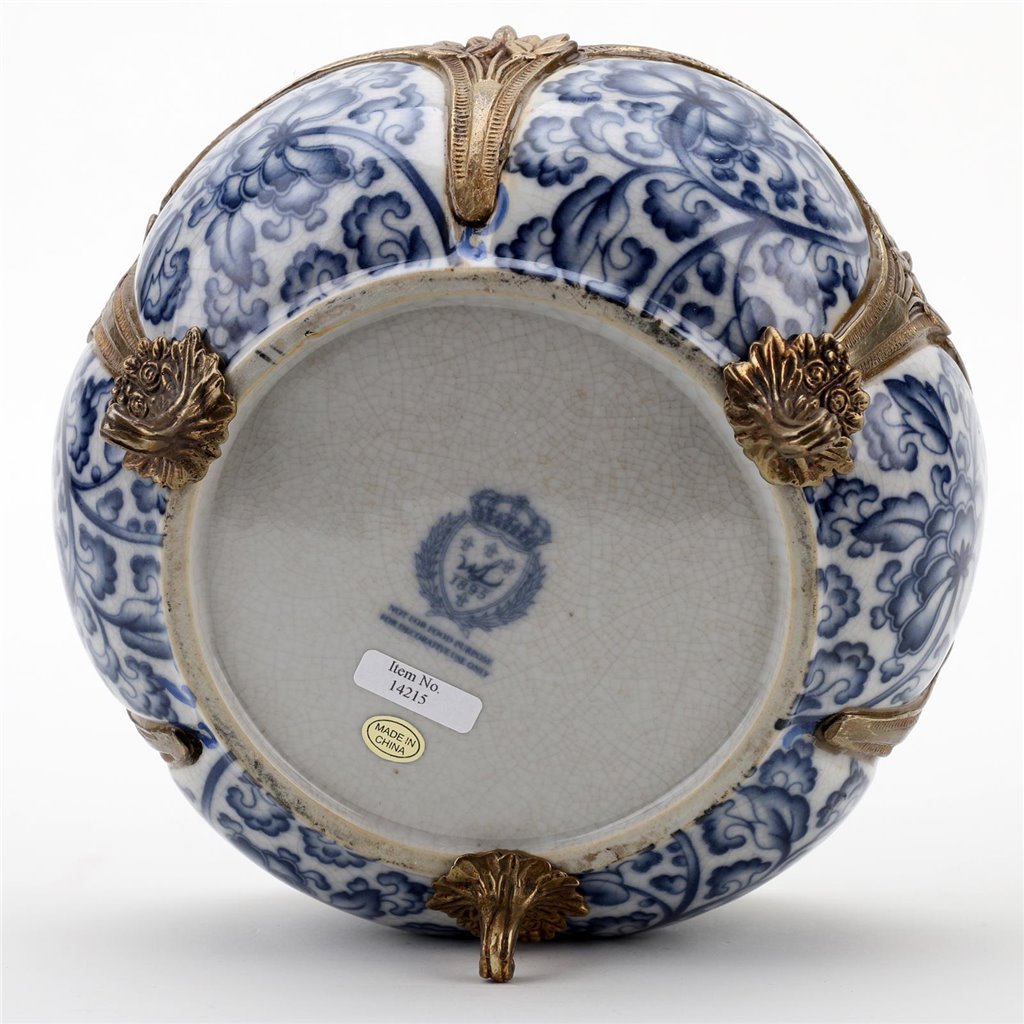 Underside of porcelain floral bowl showing maker’s mark and bronze feet – Transitional