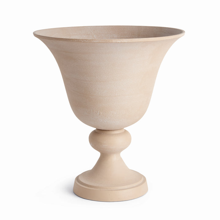 Full profile of decorative pedestal urn with sandstone-look finish highlighting its balanced proportions and sculptural pedestal base, Modern Organic style
