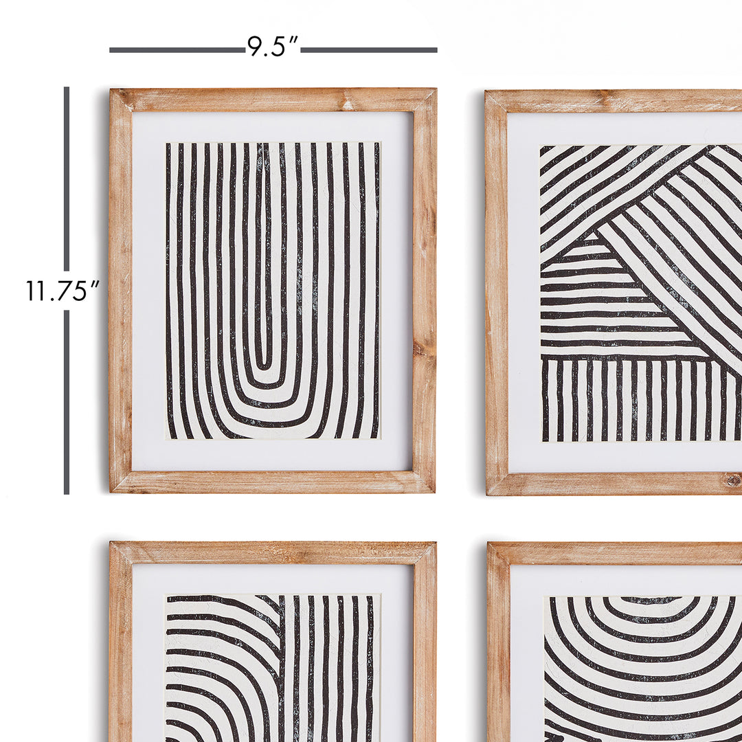 These Achromatic Linear Petite Prints showcase a traditional wood block printing technique, resulting in a visually compelling monochromatic design. The varied ink saturation adds depth and texture to each print, beautifully complemented by the elegant neutral wood frames. A must-have set for any refined and sophisticated office or study space.