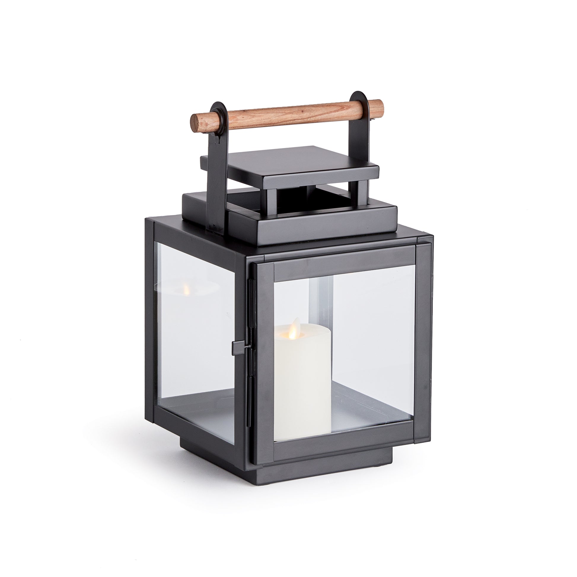 With a teak handle, wide glass panes and tailored square profile, this outdoor lantern is a handsome look for patio, porch or lanai. An exclusive design you won't see anywhere else. 