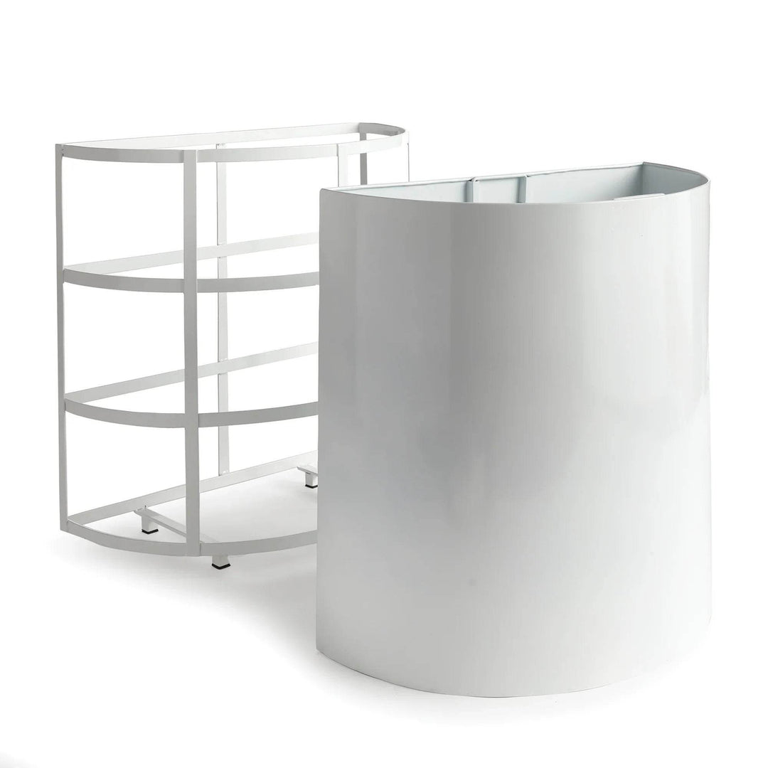 Iron demilune planter shown with outer frame and removable inner liner, functional and outdoor-ready.