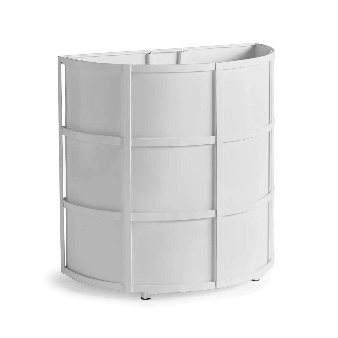 Front view of white powder-coated demilune planter in transitional garden modern style with raised iron frame.