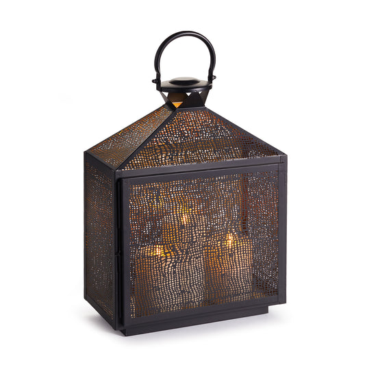 With an intricate mesh pattern, the Amhurst gently diffuses the candlelight. The interior is a golden brass, enhancing the warm glow. Simply stunning.