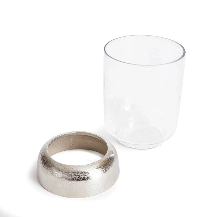 Two-piece glass hurricane candle holder with hammered glass cylinder and polished silver base – Transitional Modern


