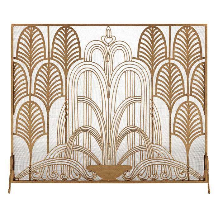 Hand-forged Italian gold fireplace screen with art deco-inspired design and fine mesh backing, featuring symmetrical fountain and frond motifs.