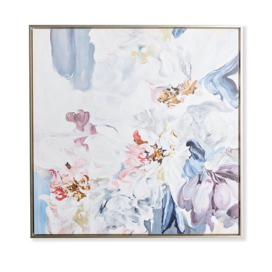 This modern interpretation of a close-up study of a lush and full floral arrangement makes for a striking accent for the wall. Highlights are hand-embellished with touches of paint creating a rich texture and Depth. The canvas is finished off beautifully with a sleek silver frame.