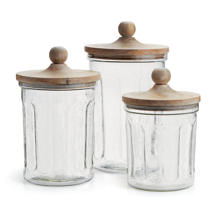 Seeded Glass and Mango Wood Canisters, Set of 3