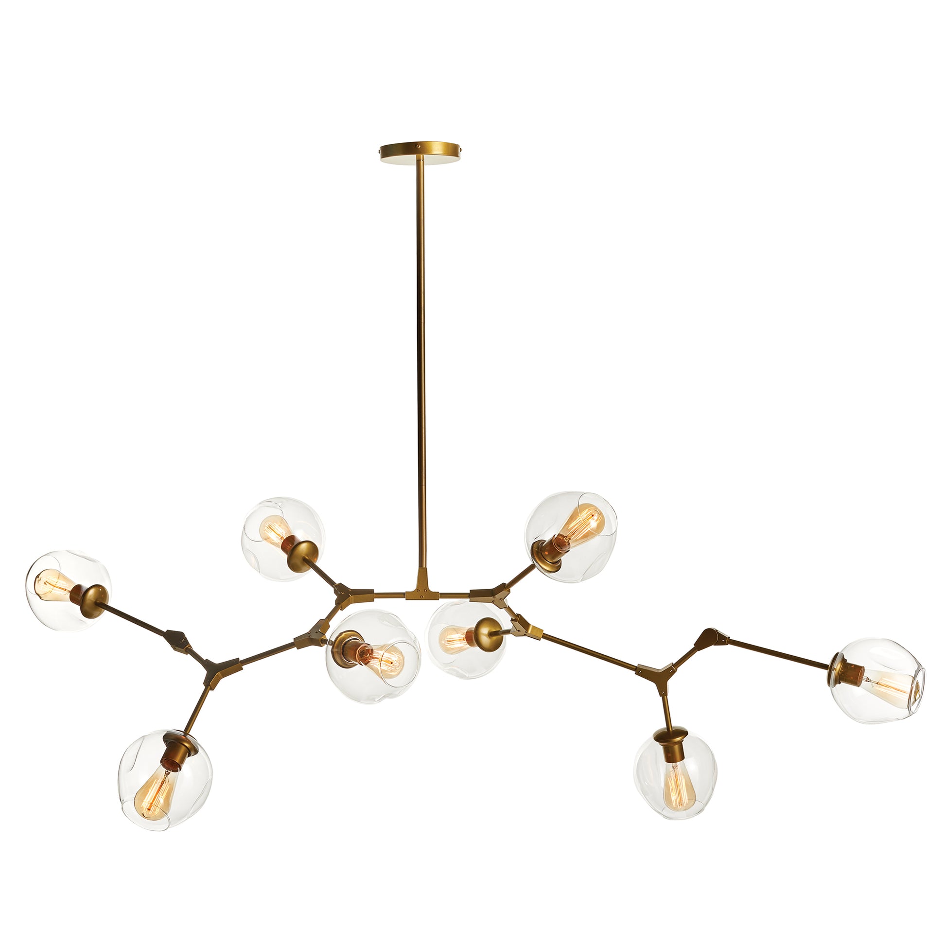 The Daniella Globe Chandelier Iron is a bold and modern addition to any living room or dining area. Crafted from iron and glass, with an antique brass finish, it boasts adjustable arms for a customizable twist. Create the perfect ambiance for any occasion with this stunning chandelier.